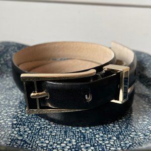 Liz Claiborne Black Leather Belt Gold and Black Metal Buckle Size Large